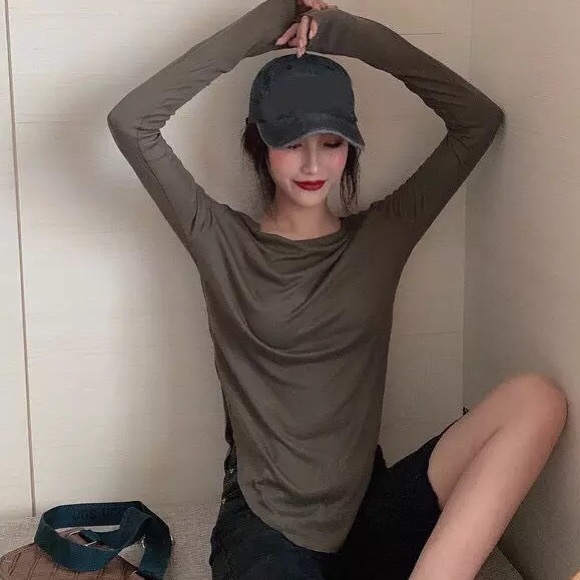 Sexy top long sleeve t-shirt basic slit sheer army green black white - Picture 15 of 16